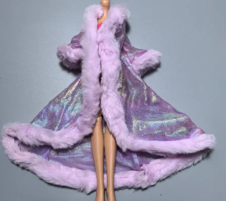 A purple iridescent fabric garment draped over a mannequin, trimmed with fluffy pink faux fur.