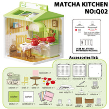 A Matcha Kitchen DIY dollhouse kit showing furniture and accessories for a miniature green kitchen scene