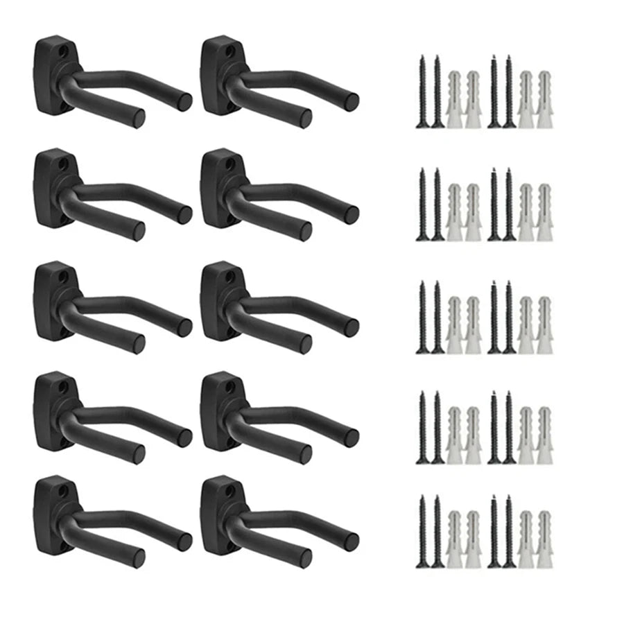 A set of black wall-mounted guitar holders with non-slip cradles shown from the side.