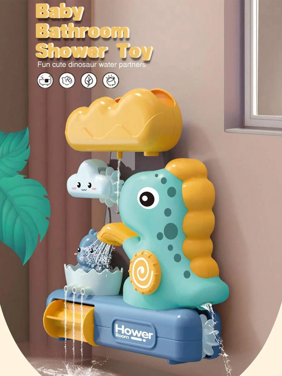 A yellow dinosaur bath toy sprinkler is shown spraying water onto a blue dinosaur figure in a bathroom setting.