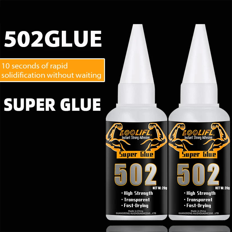 A bottle of 502 Glue Super Glue with a white cap and black label, showing the product for instant solidification.