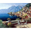 A painting depicting a scenic coastal town with buildings on a hillside overlooking a blue sea and mountains.