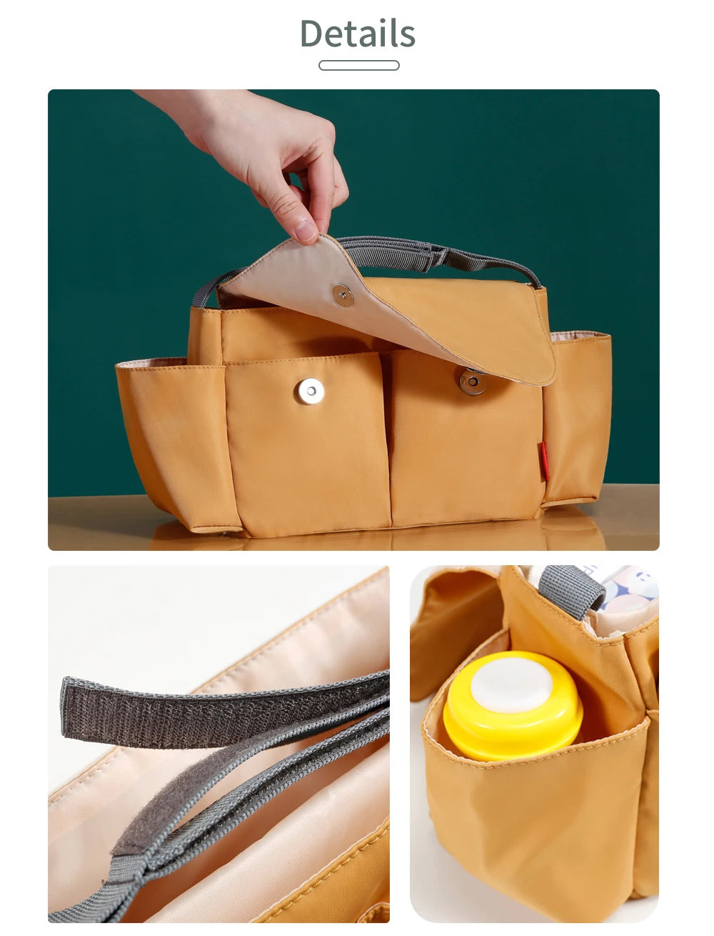 A tan universal stroller organizer bag showing its interior and strap details.