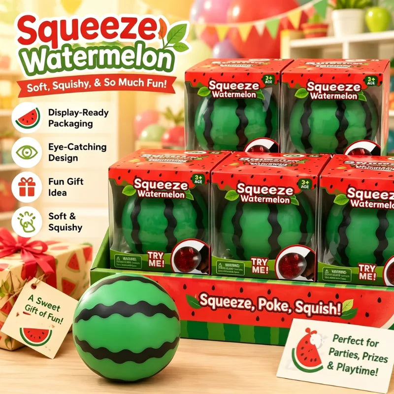 A box of green watermelon squishy stress balls with a bead core and a single green watermelon squishy ball.