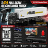 A 1:64 scale RC container truck model with a trailer and various accessory parts shown in a studio setting.