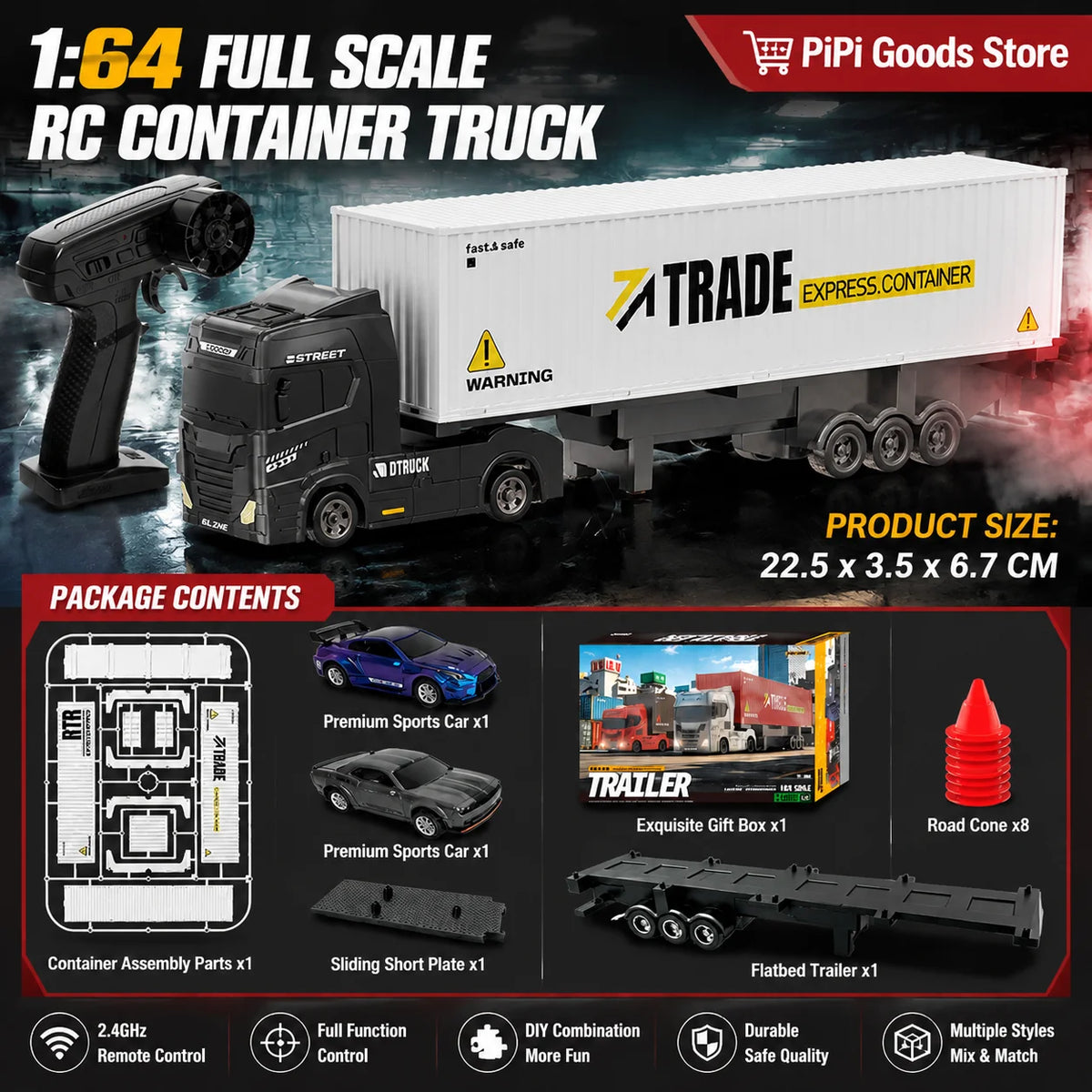 A 1:64 scale RC container truck model with a trailer and various accessory parts shown in a studio setting.