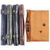 A set of four dark blue and olive green cylindrical dice holders with a brown PU leather storage bag featuring several dice.