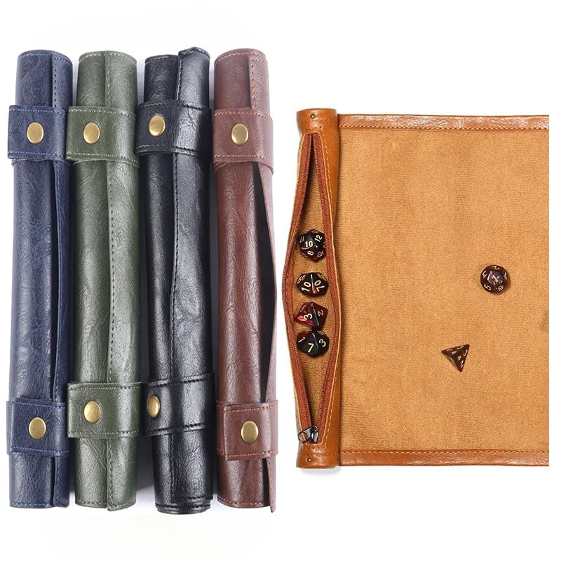 A set of four dark blue and olive green cylindrical dice holders with a brown PU leather storage bag featuring several dice.