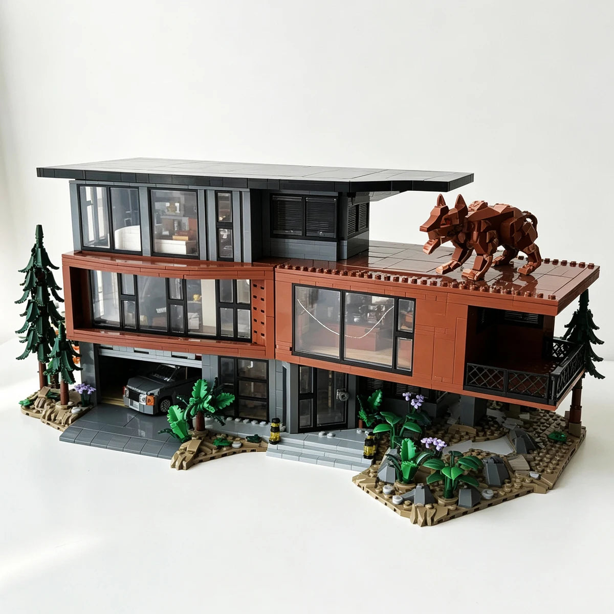 A detailed model of a haunted vampire mansion built from dark brown and black building blocks with surrounding landscaping.