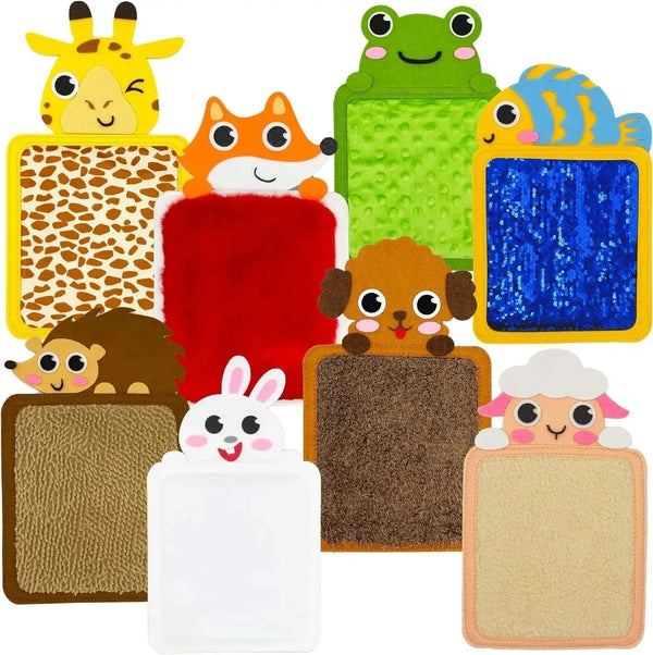 A collection of colorful cartoon animal sensory felt mats featuring a giraffe, fox, frog, elephant, and sheep.
