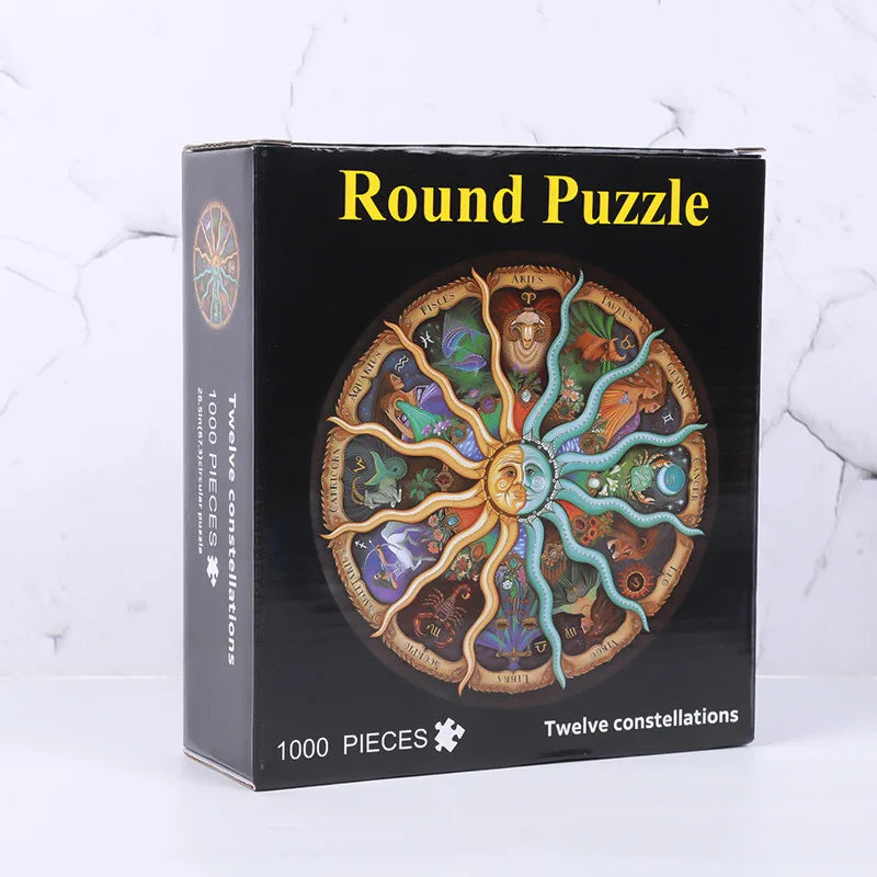 A box of a Round Puzzle featuring twelve constellations, consisting of 1000 pieces.