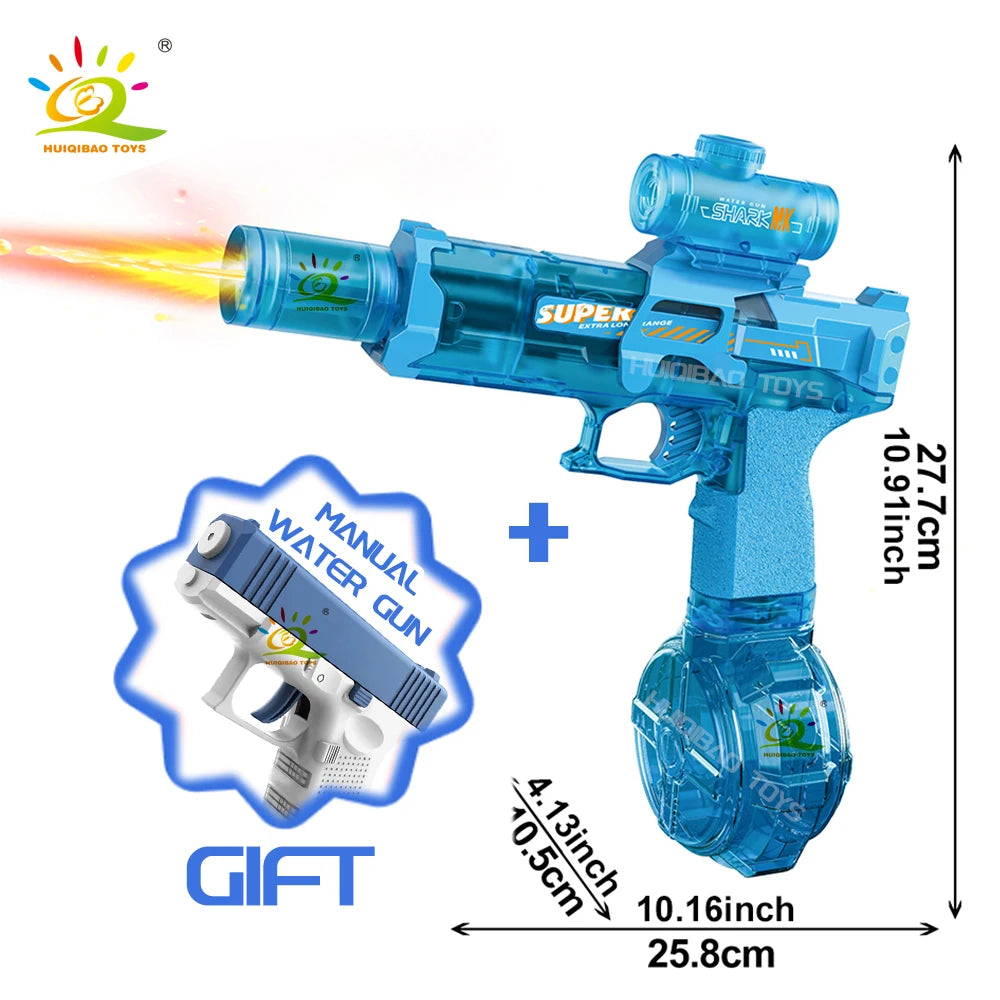 A blue electric pulse water gun with a simulated flame effect, shown next to its gift packaging.