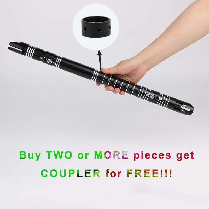 A hand holds a black lightsaber with an RGB blade and sound effects, pointing to the blade section.