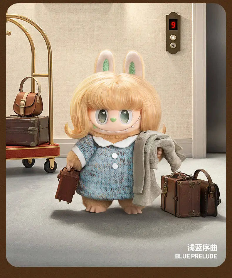 A blonde rabbit-eared plush toy wearing a blue collared shirt standing next to several brown leather suitcases.