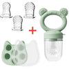 Silicone baby fruit feeder set with freezer molds including a silicone feeding bottle and silicone molds.