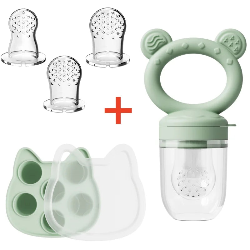 Silicone baby fruit feeder set with freezer molds including a silicone feeding bottle and silicone molds.