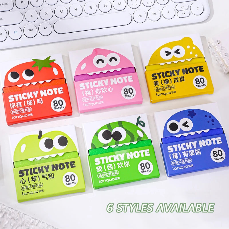 Six styles of pearlescent clear sticky notes in various colors and designs with an 80 sheet count