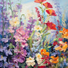 A vibrant painting of a lavender flower field featuring various pink, purple, and orange blossoms.