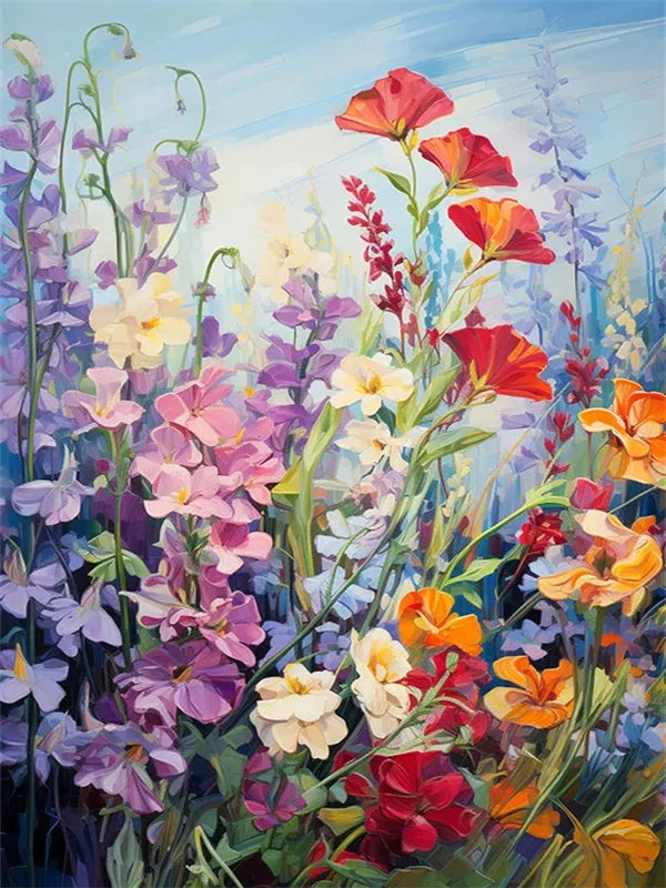 A vibrant painting of a lavender flower field featuring various pink, purple, and orange blossoms.