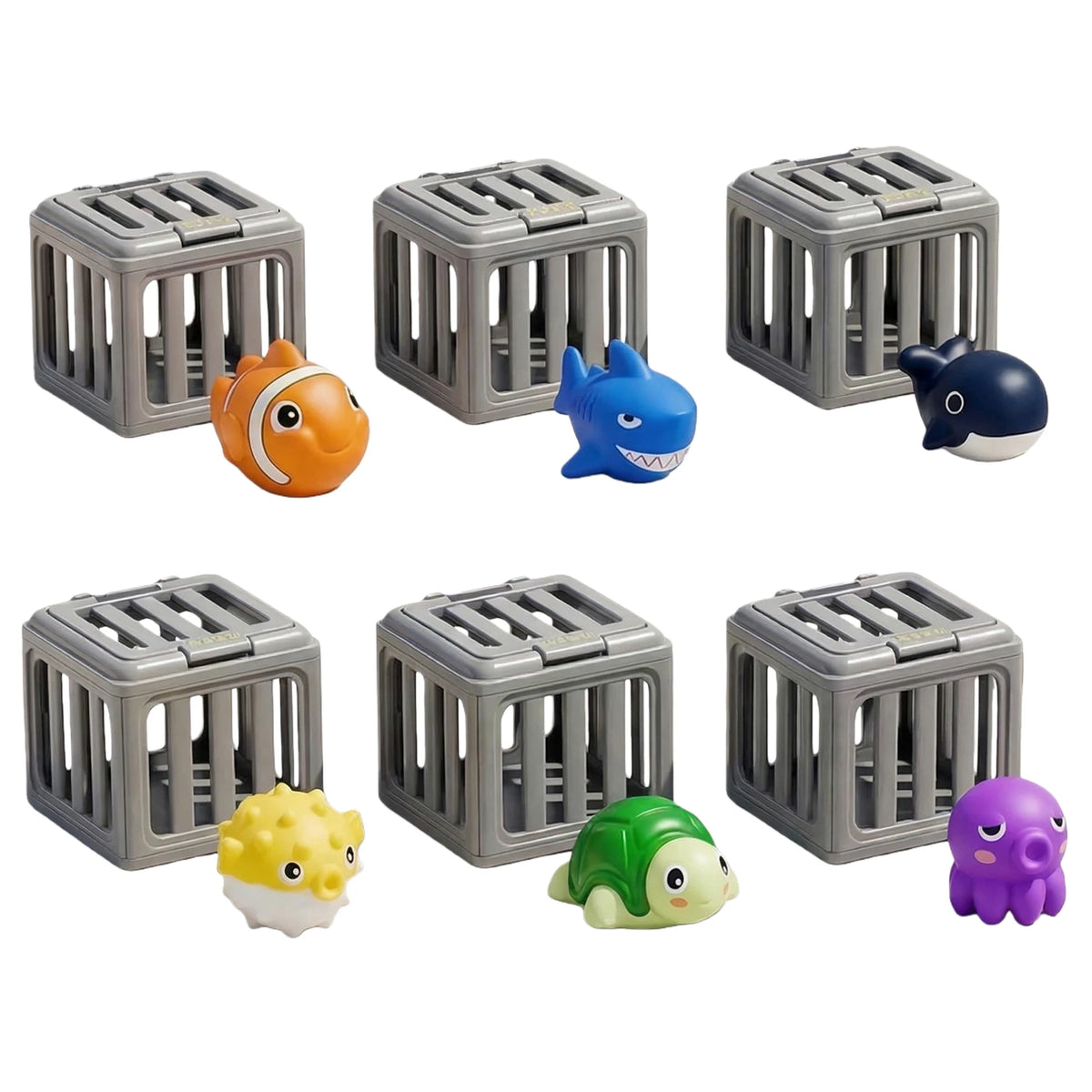 A set of gray plastic fish and sea creatures designed for toddler bath and pool play.