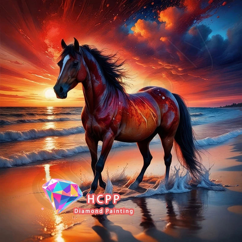 A majestic reddish-brown horse standing in the ocean waves against a vibrant sunset sky.