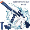 An electric water gun model M416 is shown with its components and spray pattern against a blue background.