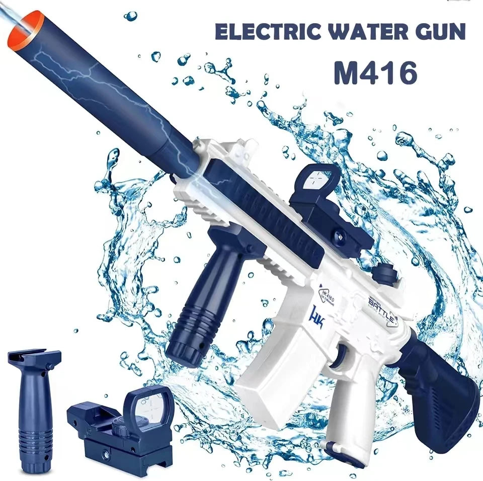 An electric water gun model M416 is shown with its components and spray pattern against a blue background.