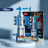 A blue and white space rocket building blocks set with a launch center displayed on a white base.