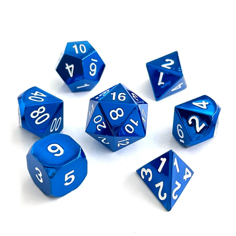 A collection of blue metal polyhedral dice showing various numbers and angles.