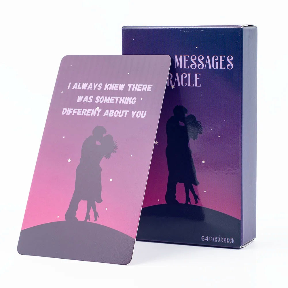 A purple box and a pink card from the Lovers Oracle 64-Card English Deck for Love Guidance.