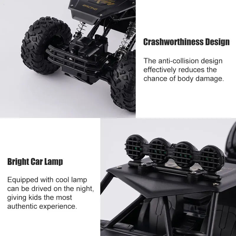 A black 4WD off-road monster truck with a crashworthiness design and a bright car lamp.