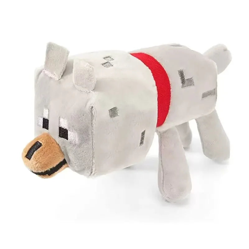 A light gray and white stuffed wolf plush toy with a red stripe detail.