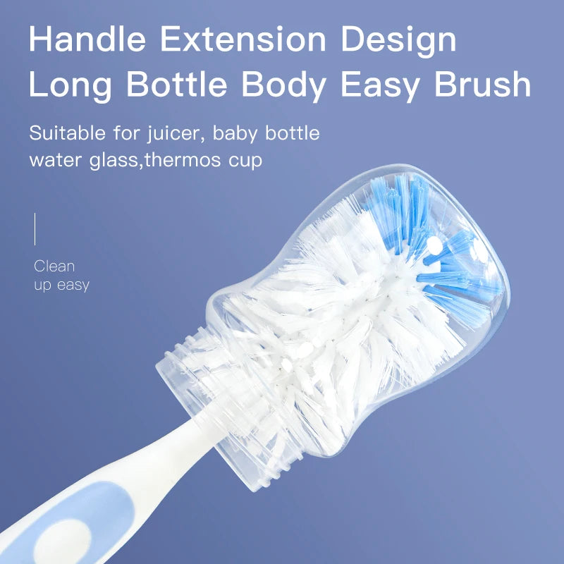 A clear handle extension design long bottle body easy brush for cleaning baby bottles and juice containers.