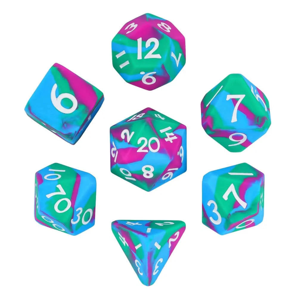 A set of silicone polyhedral dice in various colors and angles, including a green and blue die showing the number 7.