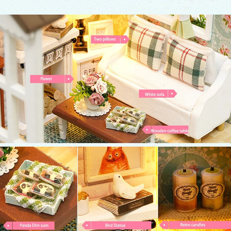 DIY Miniature Wooden Dollhouse Kit with LED Lighting
