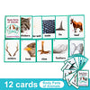 A set of 12 green flashcards showing body parts of animals like whiskers, scales, fins, hooves, antlers, and feathers.
