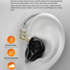 A black in-ear monitor with an ear hook design is shown resting on a white surface.