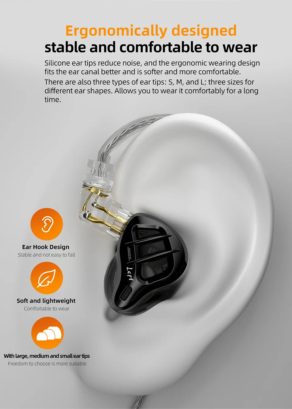 A black in-ear monitor with an ear hook design is shown resting on a white surface.