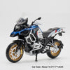A blue and black 1:12 scale diecast motorcycle model with lights and suspension.