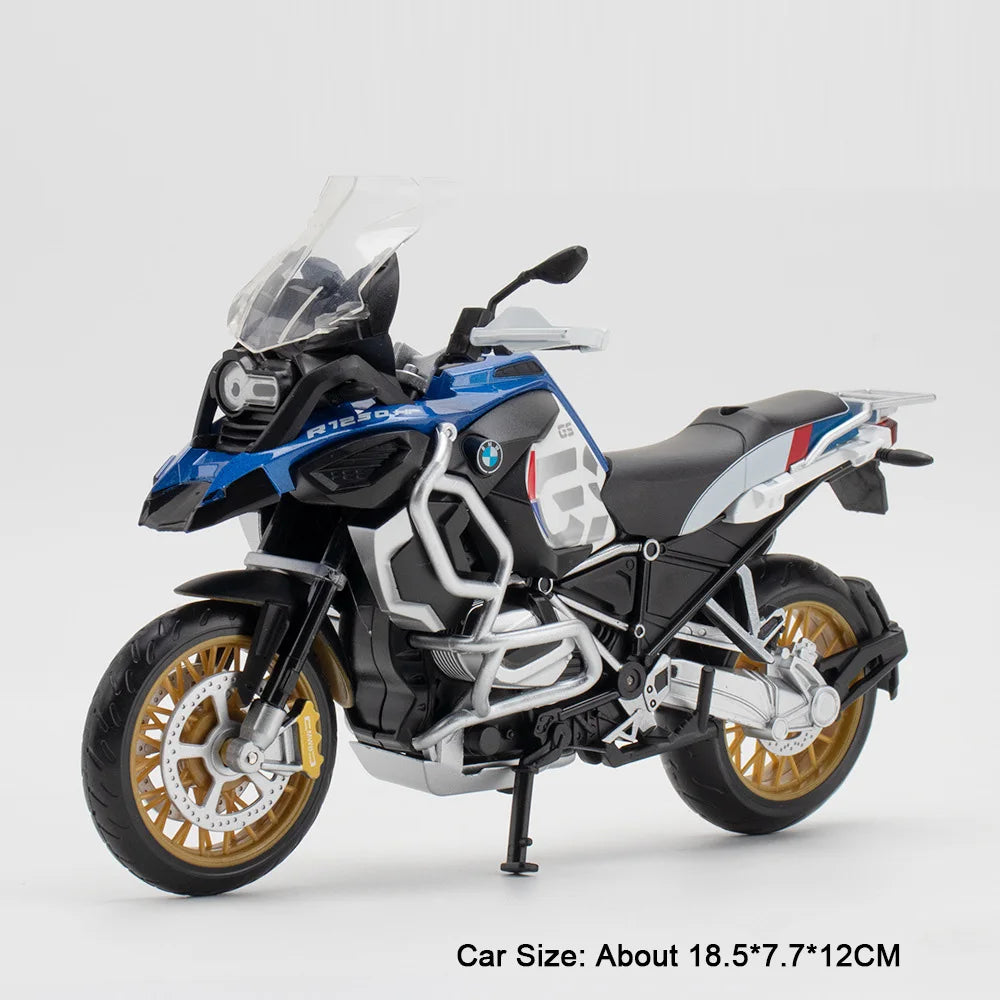 A blue and black 1:12 scale diecast motorcycle model with lights and suspension.
