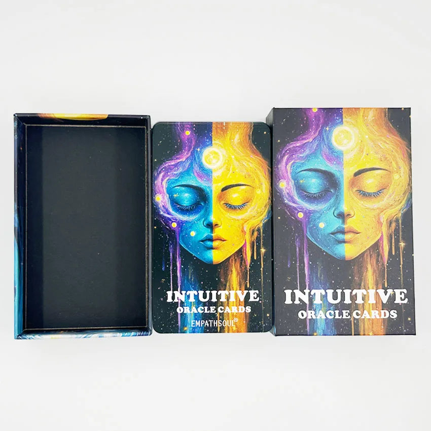 A set of Intuitive Oracle Cards featuring split face designs in purple and yellow hues.