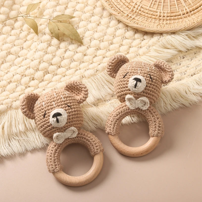 Handcrafted Wooden Crochet Animal Rattle for Babies
