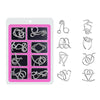 A pink and white puzzle set featuring various metal wire shapes and knots for brain teasers
