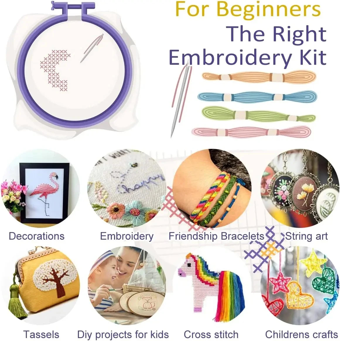A beginner embroidery kit showing various threads, needles, and finished friendship bracelets and crafts.
