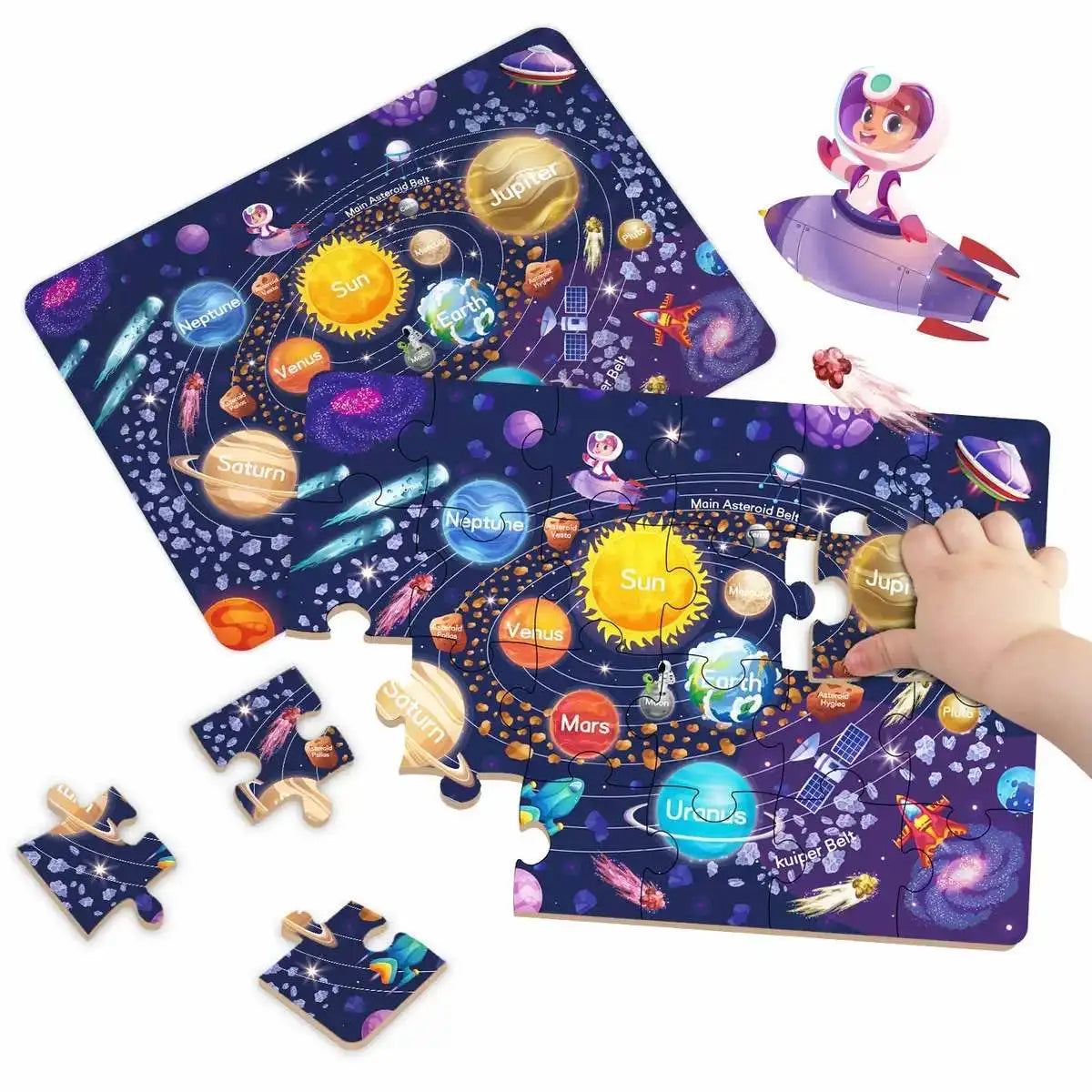 A set of jigsaw puzzles featuring planets like Jupiter, Saturn, and Mars, with an astronaut figure.