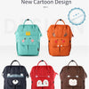 A collection of colorful waterproof diaper backpacks featuring various cartoon animal designs.