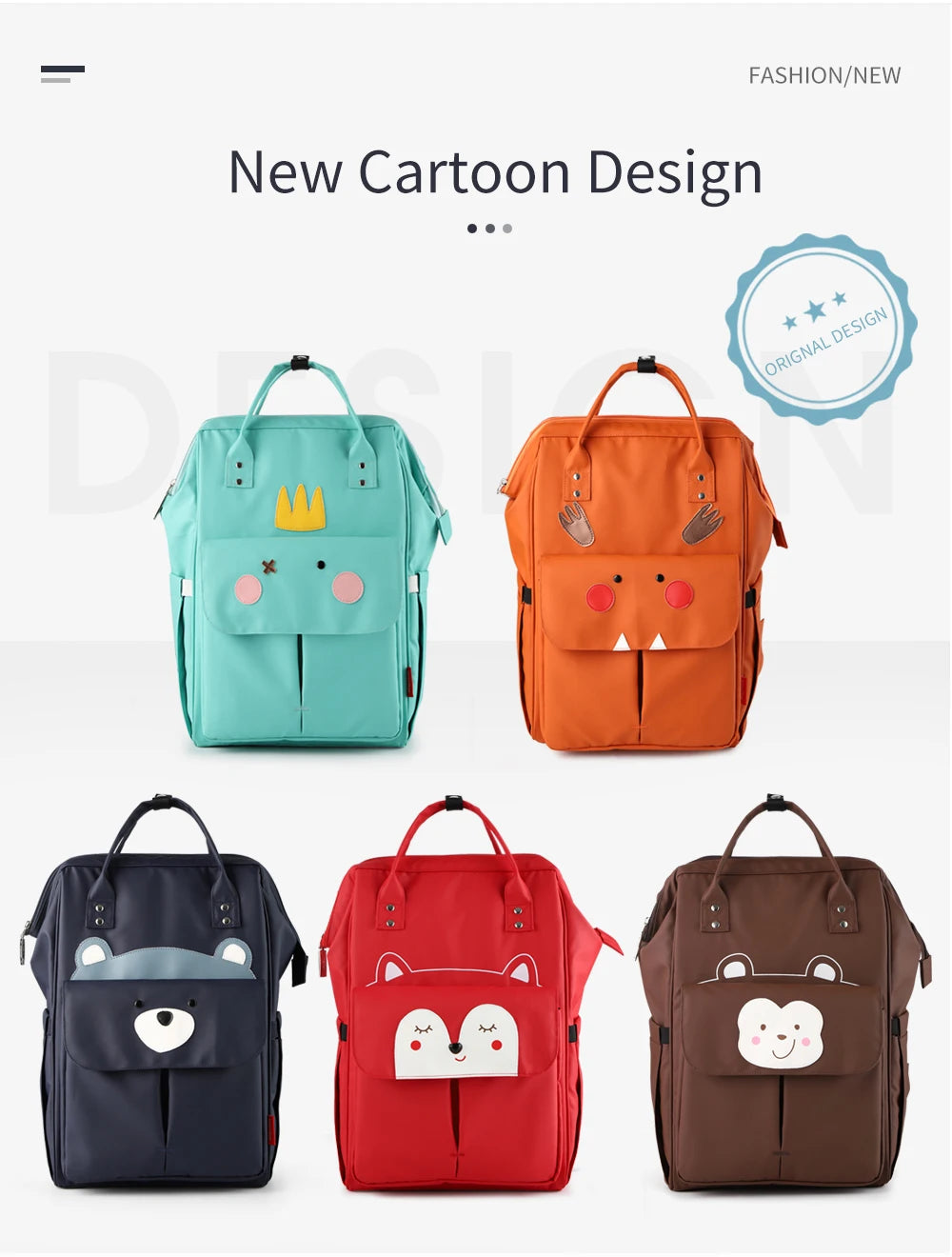 A collection of colorful waterproof diaper backpacks featuring various cartoon animal designs.