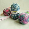 A ball of 30 Jahre Opal 4-ply sock yarn in teal and pink stripes, labeled for knitting or crochet.