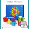 A blue box containing a set of 155-piece wooden pattern blocks and design cards, with loose blocks and cards displayed nearby
