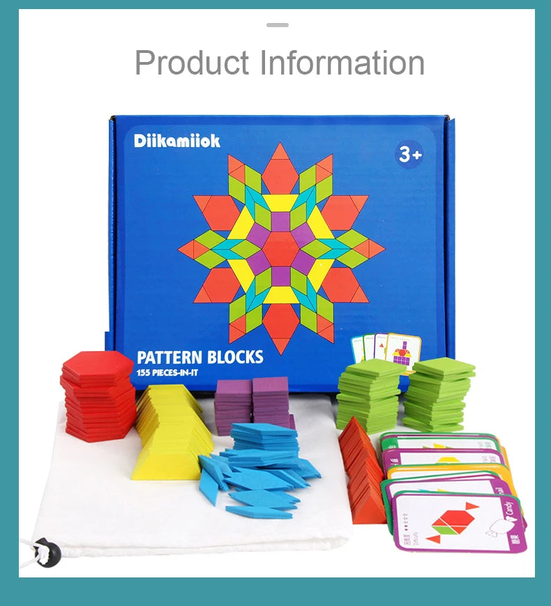 A blue box containing a set of 155-piece wooden pattern blocks and design cards, with loose blocks and cards displayed nearby